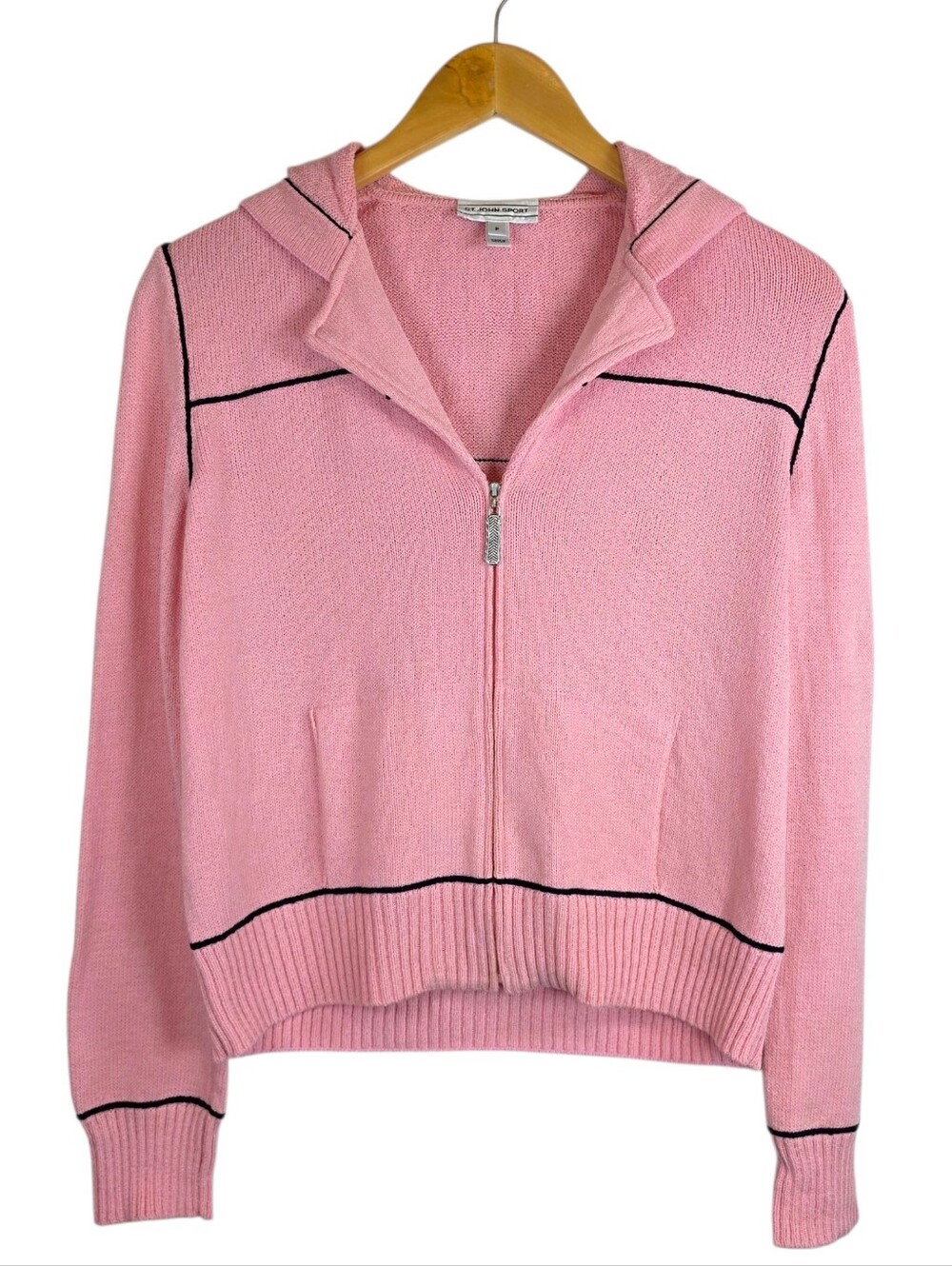 St. John Sport Santana Knit Wool Blend Hooded Zip Up Sweater Size P Luxury EUC